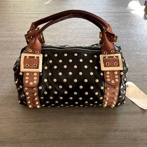 Be & D Garbo tote in soft Jet Black leather with Edgy leather trim & Brass studs